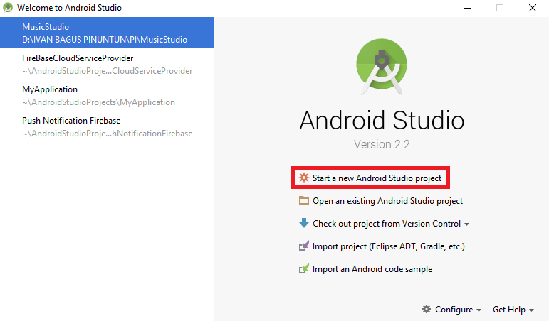 Jendela awal pembuatan projek android studio