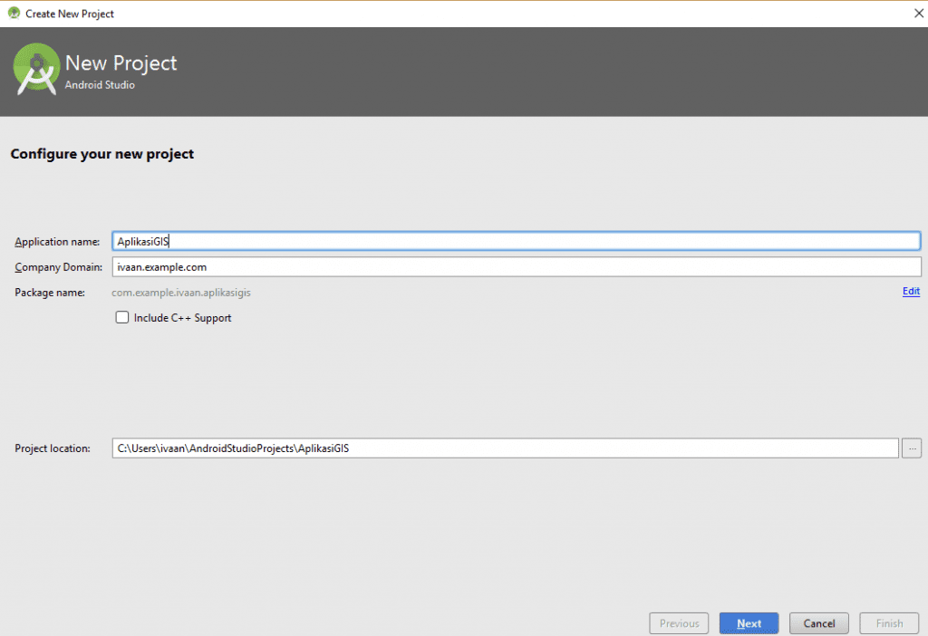 Memeberi nama project pada Android Studio