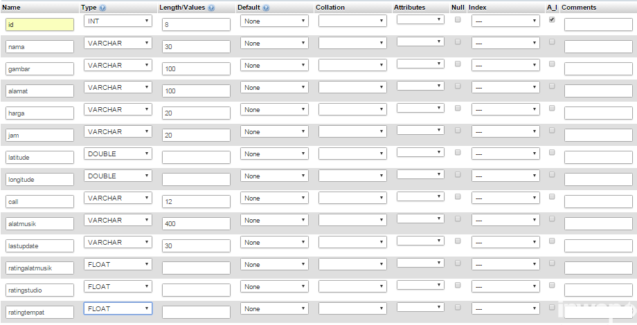 isi nama field table