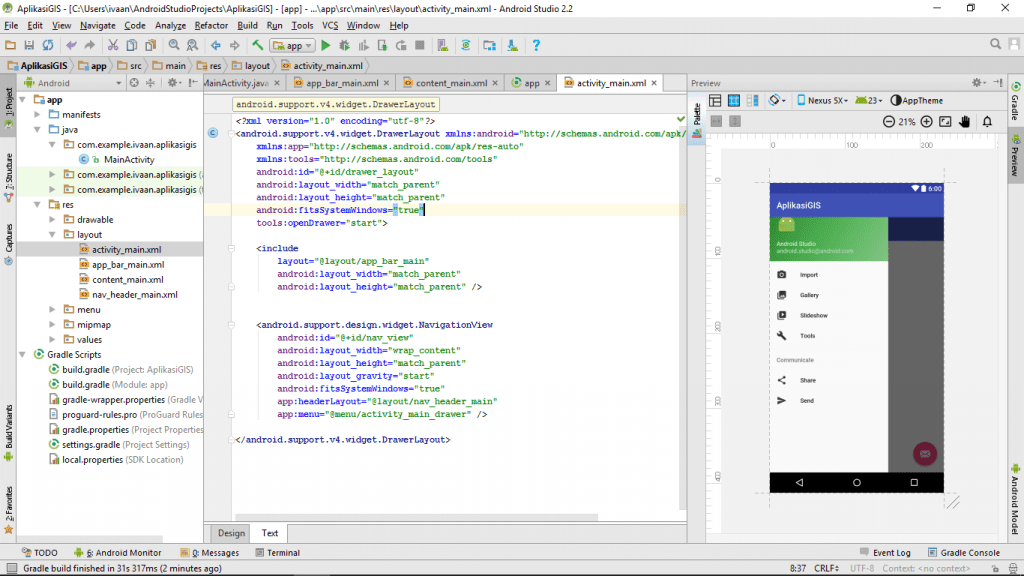 tampilan awal project android studio