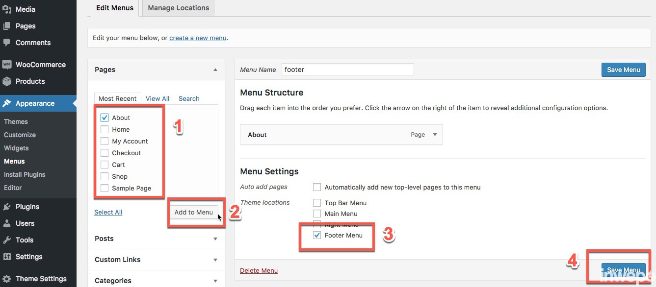 membuat link menu footer di wordpress