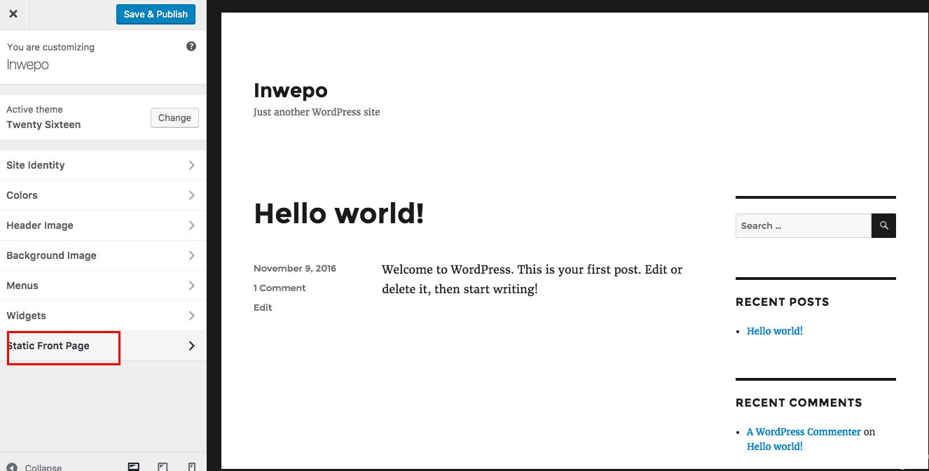 ubah static front page wordpress 2