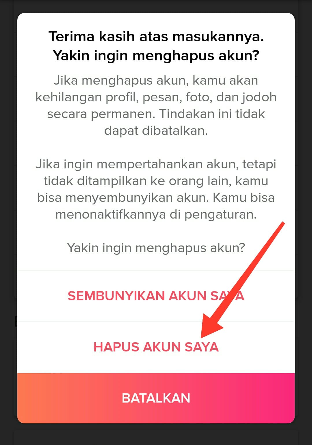 Cara menghapus akun tinder secara permanen di android