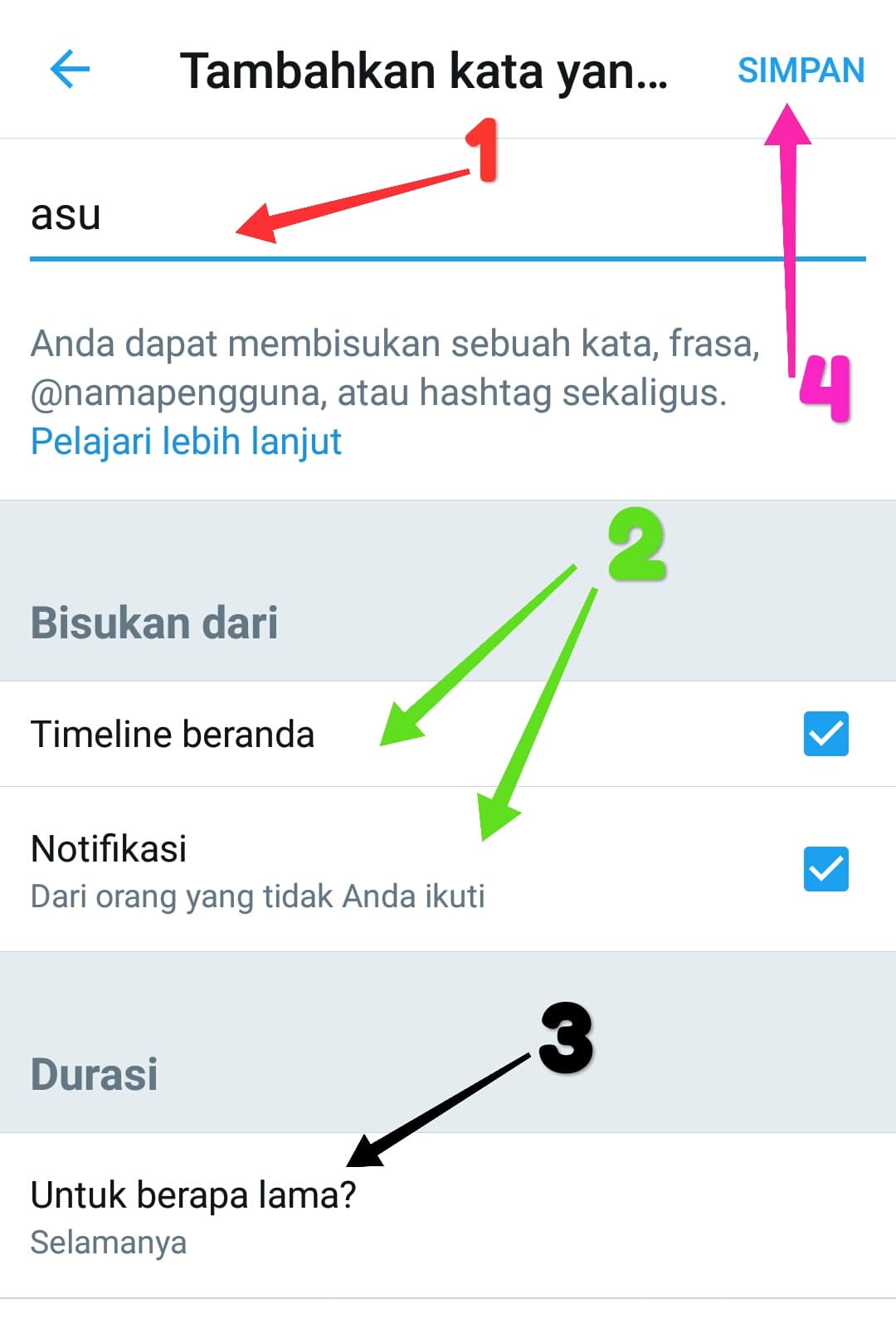 Cara membisukan / blokir kata tertentu di twitter android