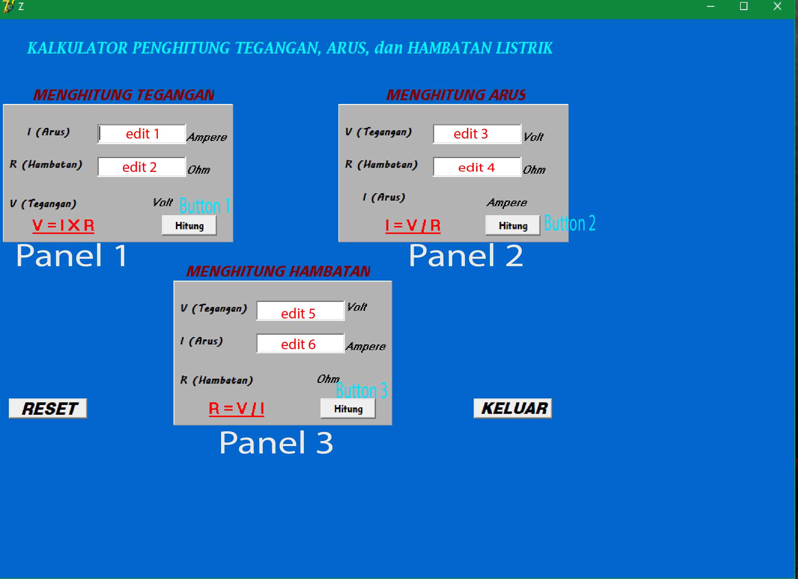 Cara Membuat Kalkulator 3 in 1 Penghitung Tegangan, Arus, dan Hambatan Listrik dengan Delphi 7