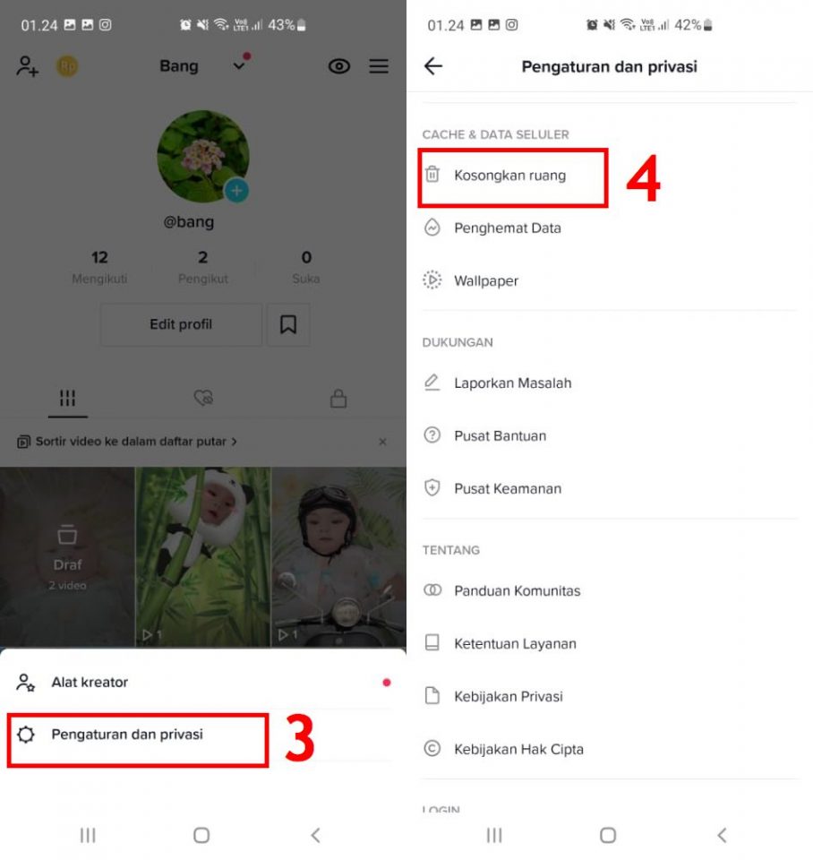 pengaturan dan kosongkan ruang tiktok