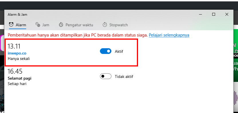 Cara menggunakan alarm di windows 10