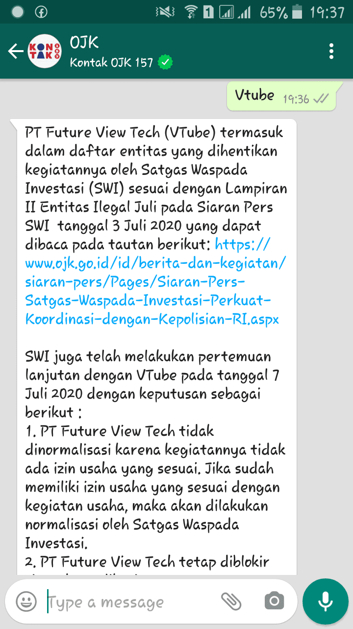 Cara Mengecek Investasi Ilegal Dengan ChatBot Whatsapp OJK