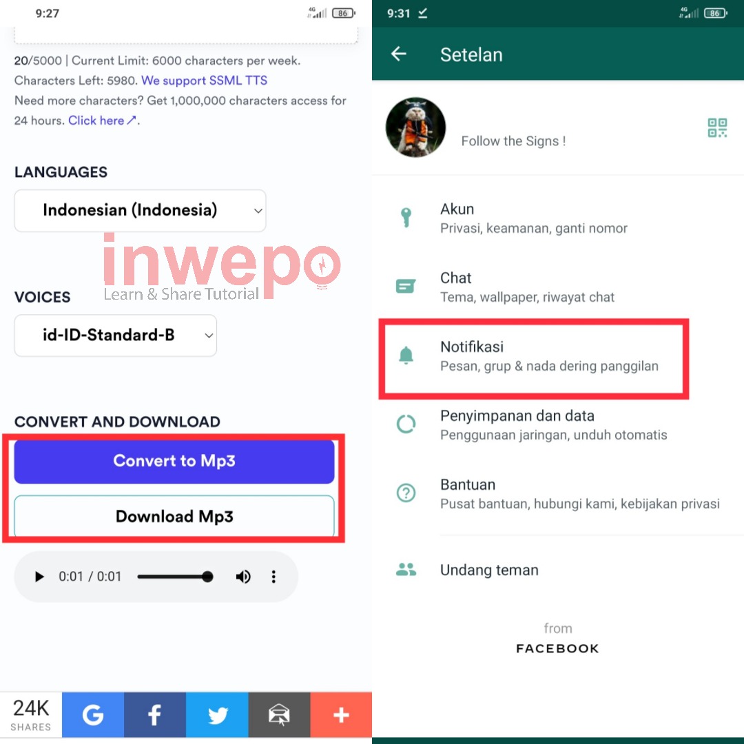 Cara Buat Nada Dering Notifikasi WhatsApp dari Text