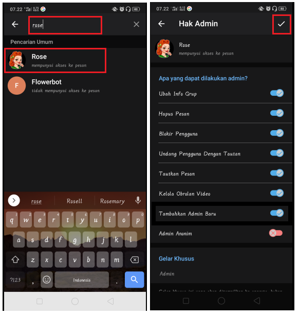 bot Rose menjadi admin di group Telegram