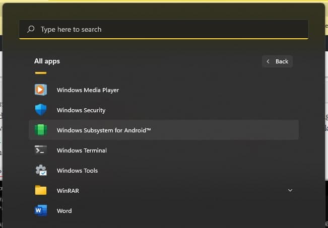 start menu windows subsystem for android