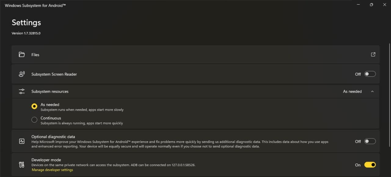 Windows Subsystem for Android developer mode