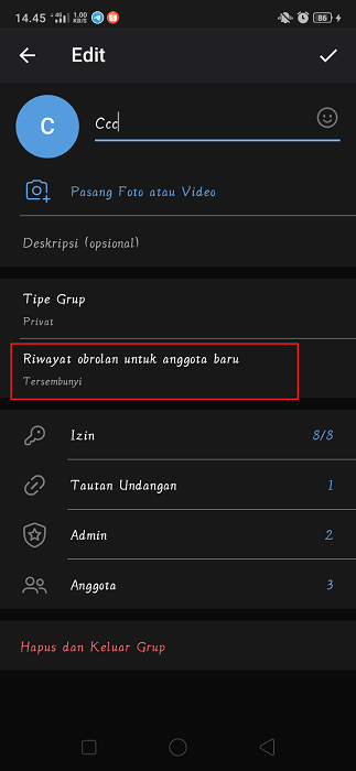 tap fitur Riwayat obrolan untuk anggota baru