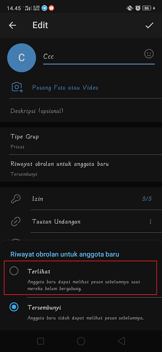 Mengaktifkan fitur riwayat obrolan pilih Terlihat