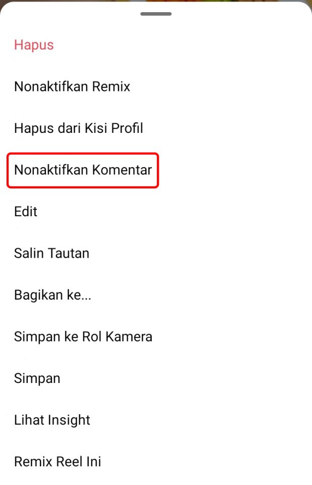 Cara Menonaktifkan Komentar Video Reels di instagram