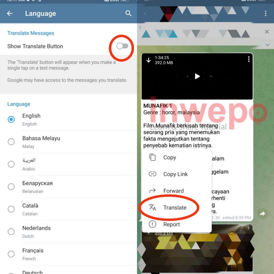 Message Translator Telegram Menu