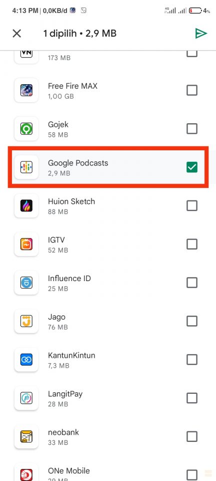 Tandai aplikasi yang ingin dishare