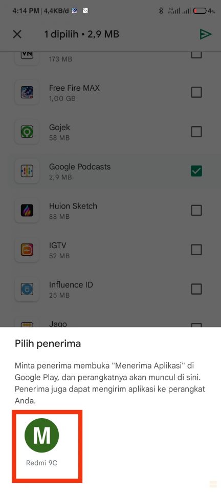 Pilih penerima aplikasi